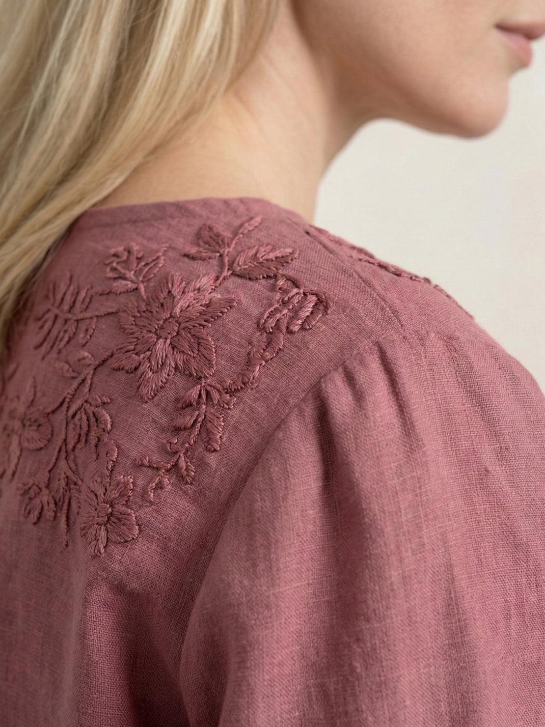 Cotton-linen embroidered blouse with relaxed boxy fit and 3/4 balloon sleeves