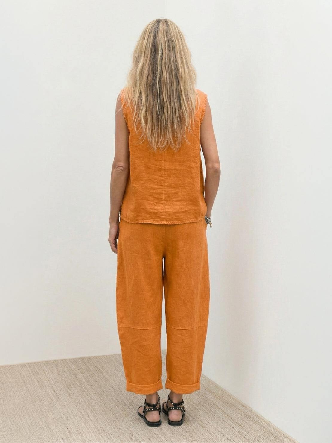 Two-piece 100% cotton crinkle sleeveless co-ord with relaxed tank top and straight-leg pants