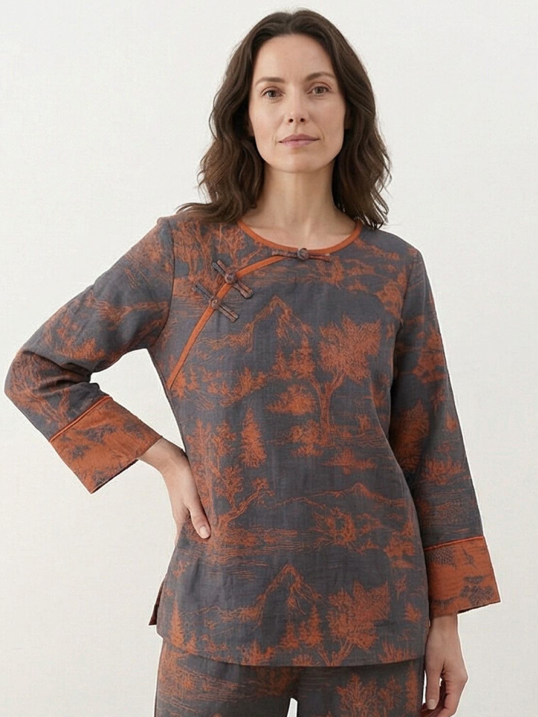 100% cotton Chinese pankou pajamas with tunic top and wide-leg pants in bold landscape print