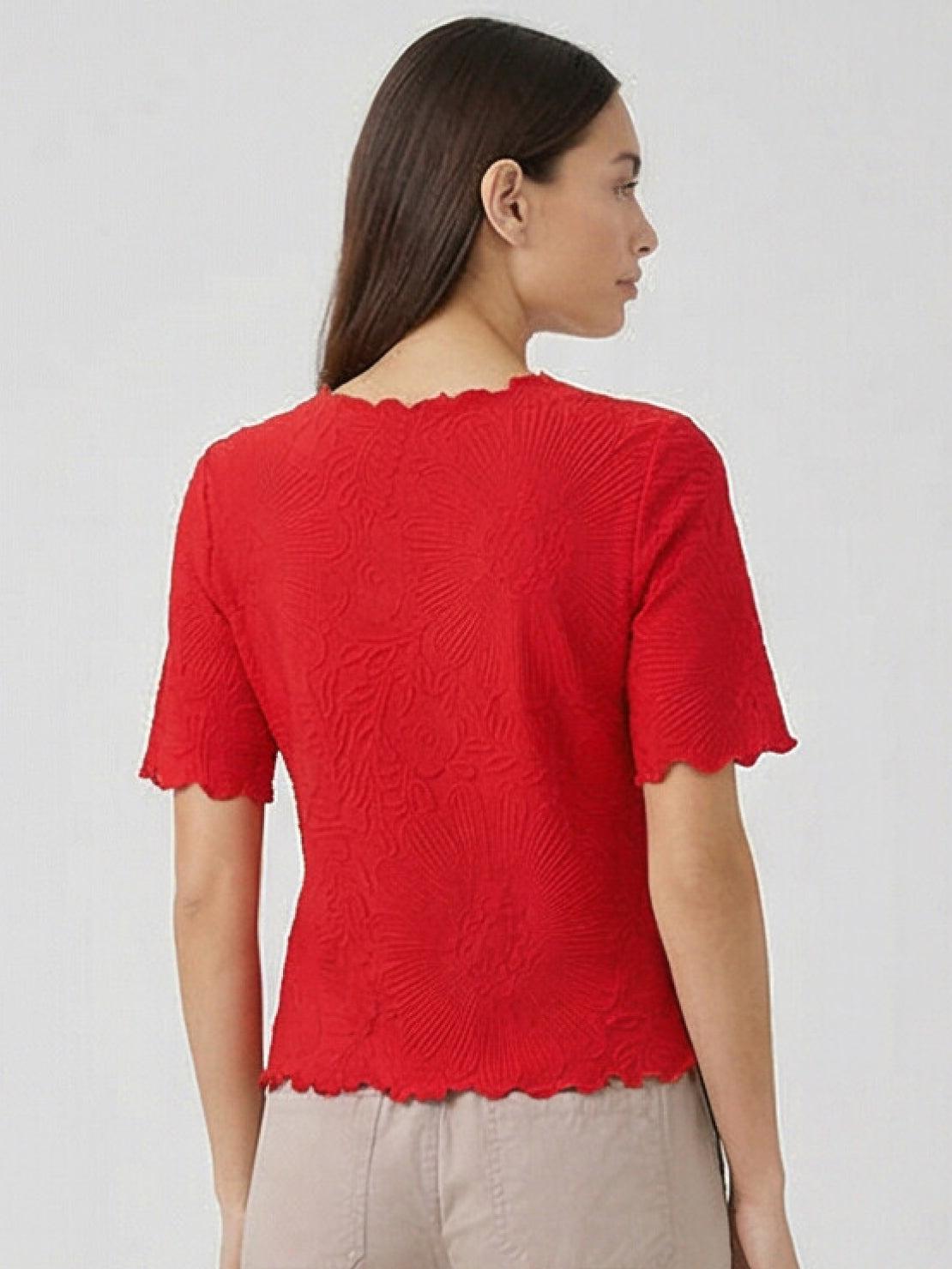 Floral Jacquard Pleated Top with 3D floral texture and flutter sleeves, lightweight and breathable A-line silhouette