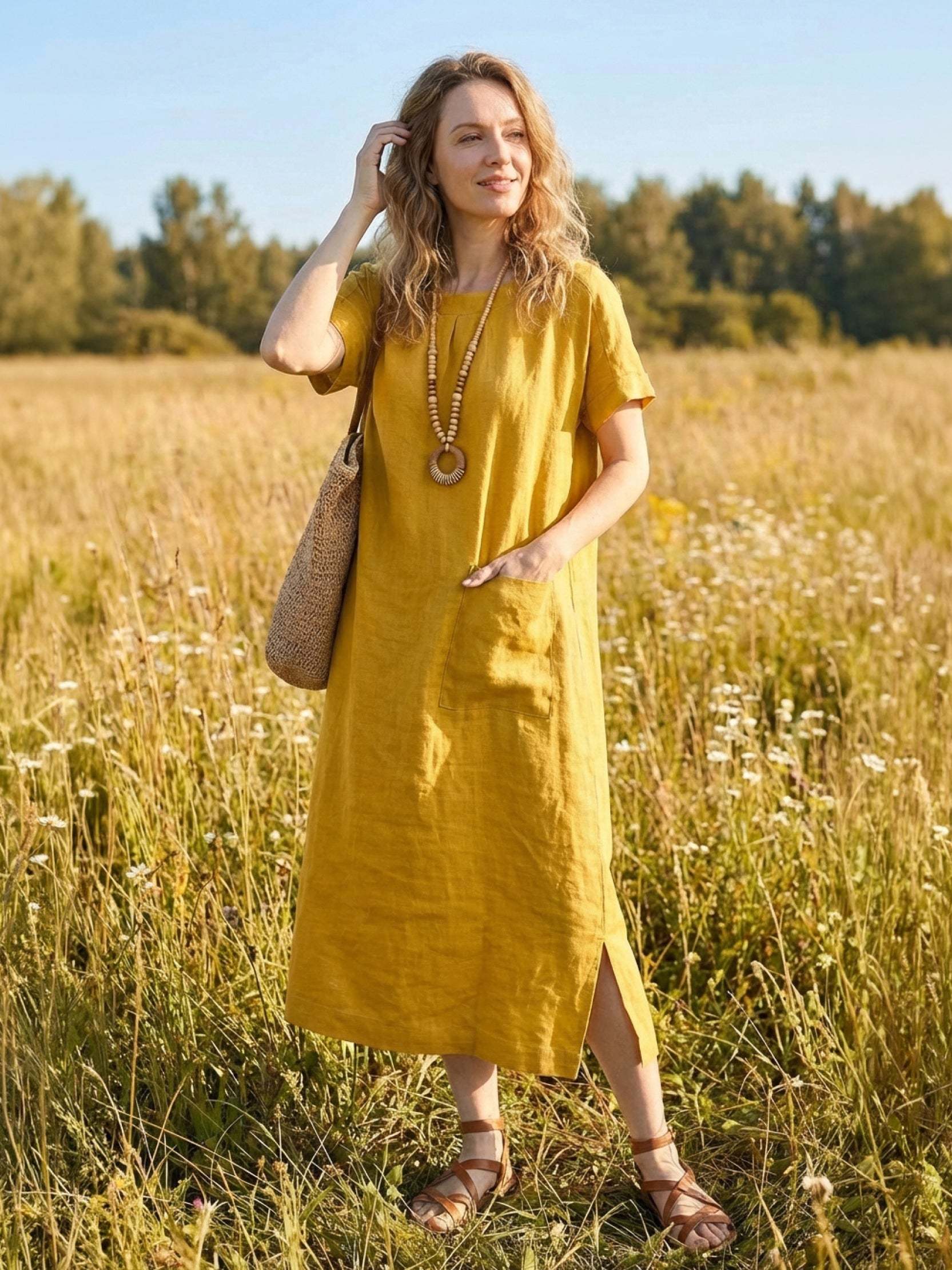 100% linen relaxed fit pocket midi dress with short sleeves and side slits