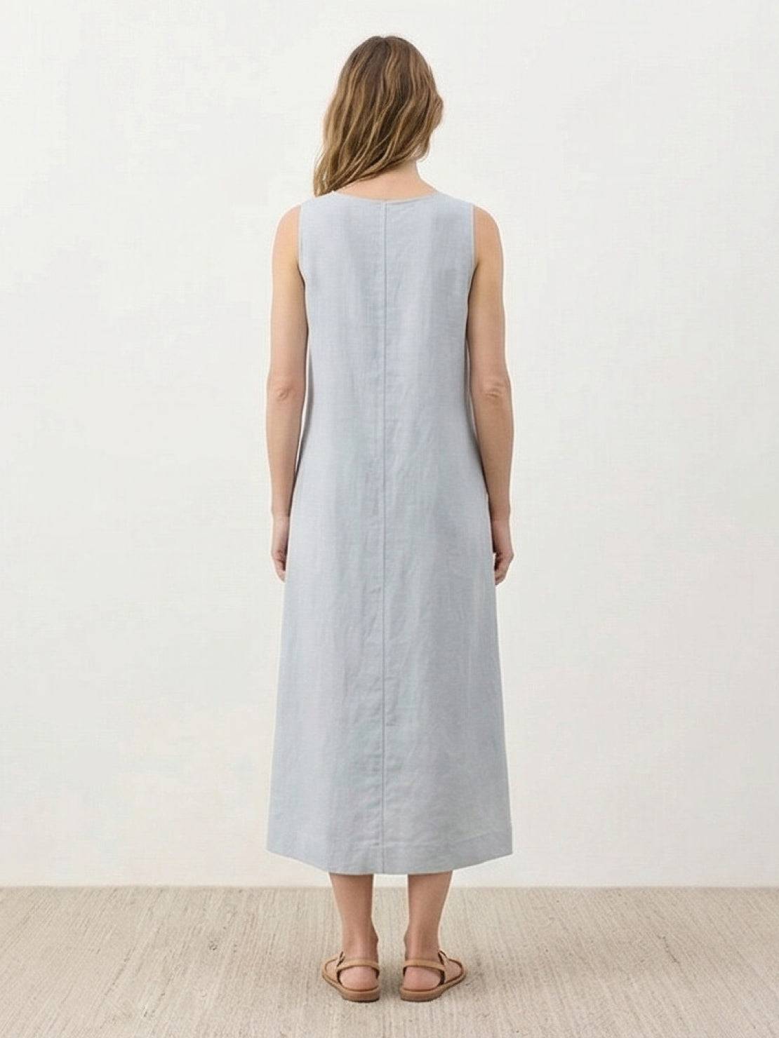 Lightweight cotton linen sleeveless maxi dress with round neckline and flowing ankle-length silhouette