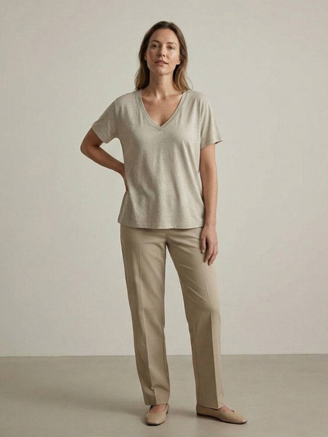 Linen-Bamboo V-Neck Tee with deep V-neck, short sleeves, and relaxed fit in breathable linen and bamboo blend fabric