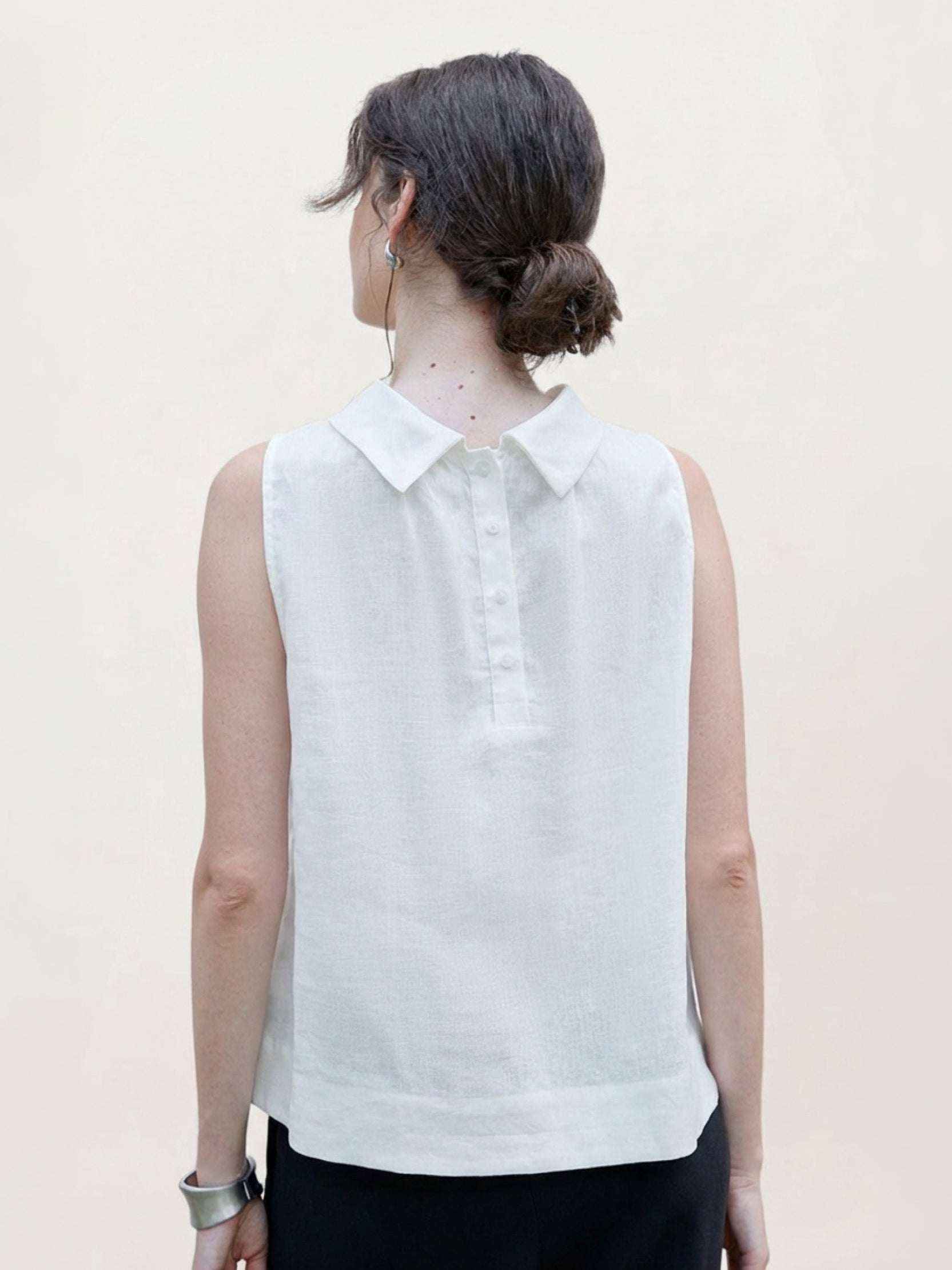 100% linen sleeveless cowl-collar top with relaxed boxy fit and natural crinkle texture