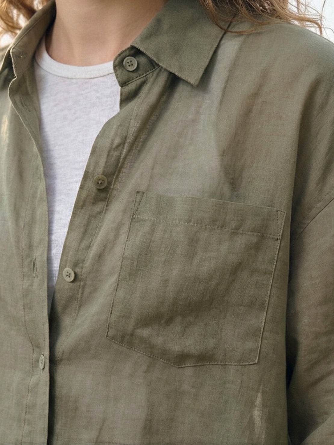 White 100% linen sheer overshirt with classic collar and oversized fit