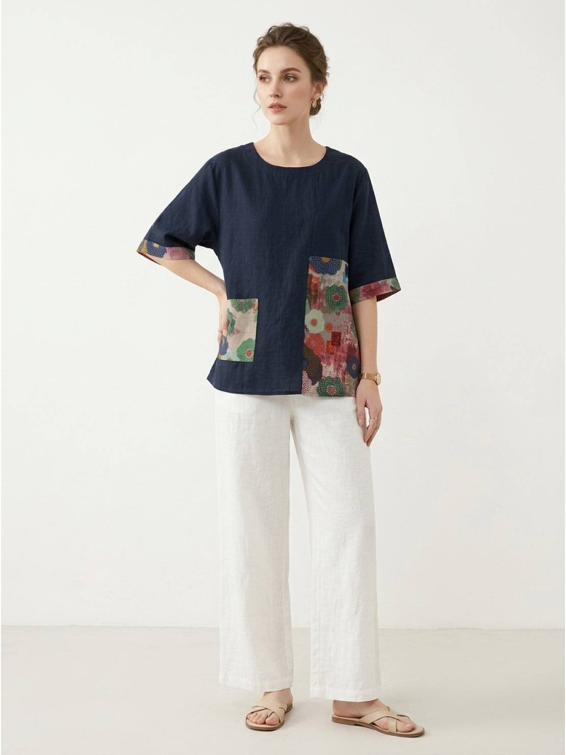 Oversized cotton linen shirt with round neckline and floral patchwork panel