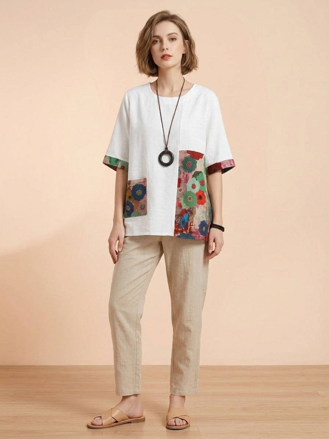 Oversized cotton linen floral shirt with round neckline and elbow sleeves