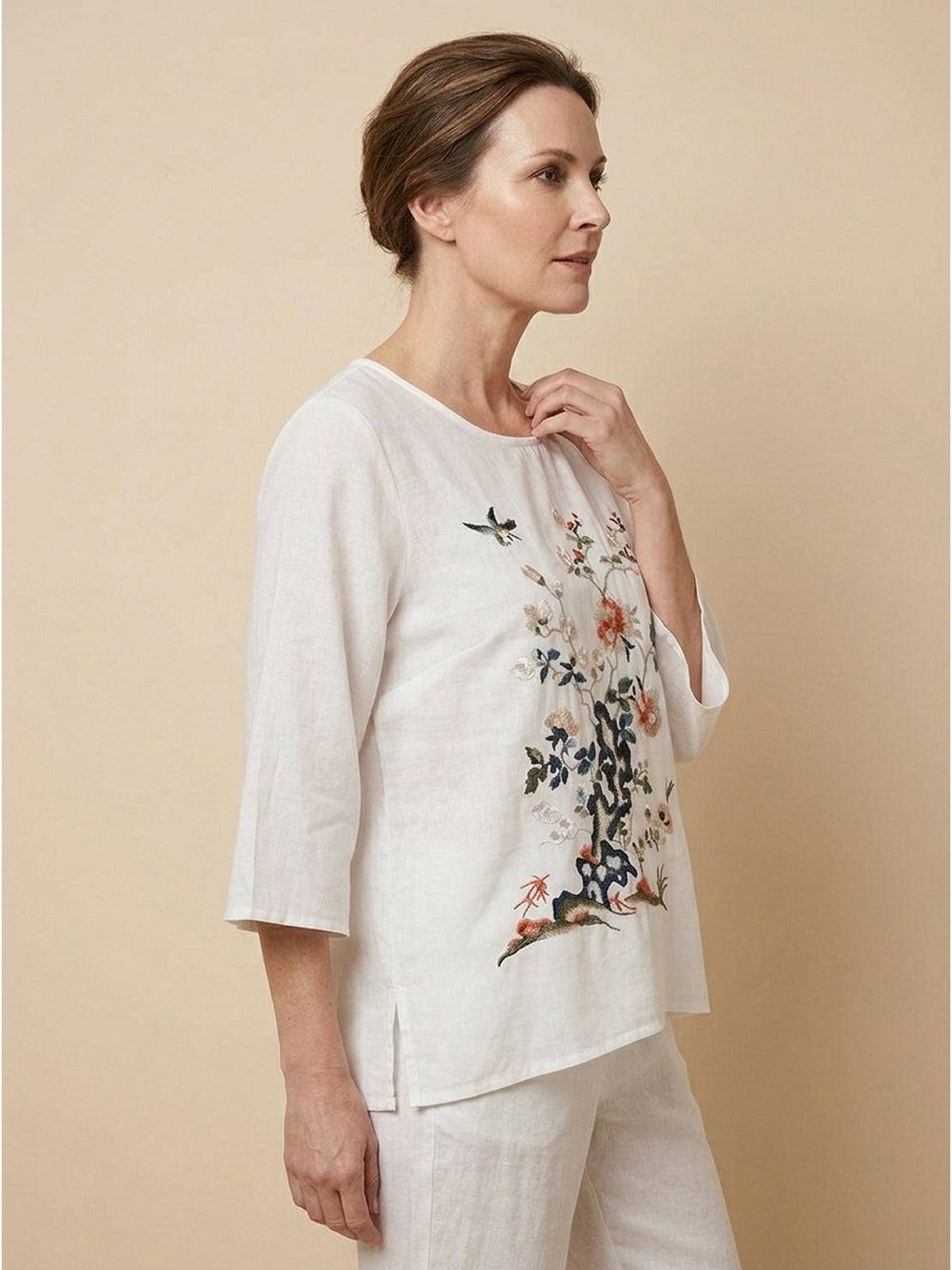 Hand-embroidered 100% cotton-linen shirt with flared 3/4 sleeves and asymmetric hem