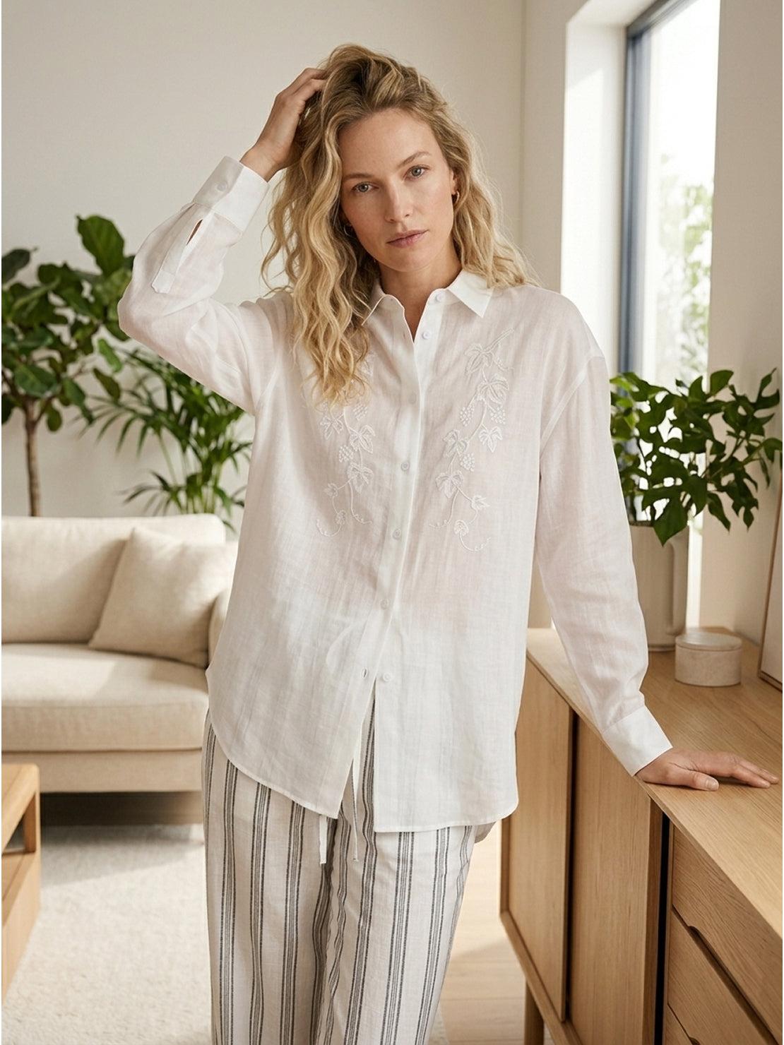 White Ramie Linen-Lyocell embroidered long sleeve shirt with curved hem and side slits