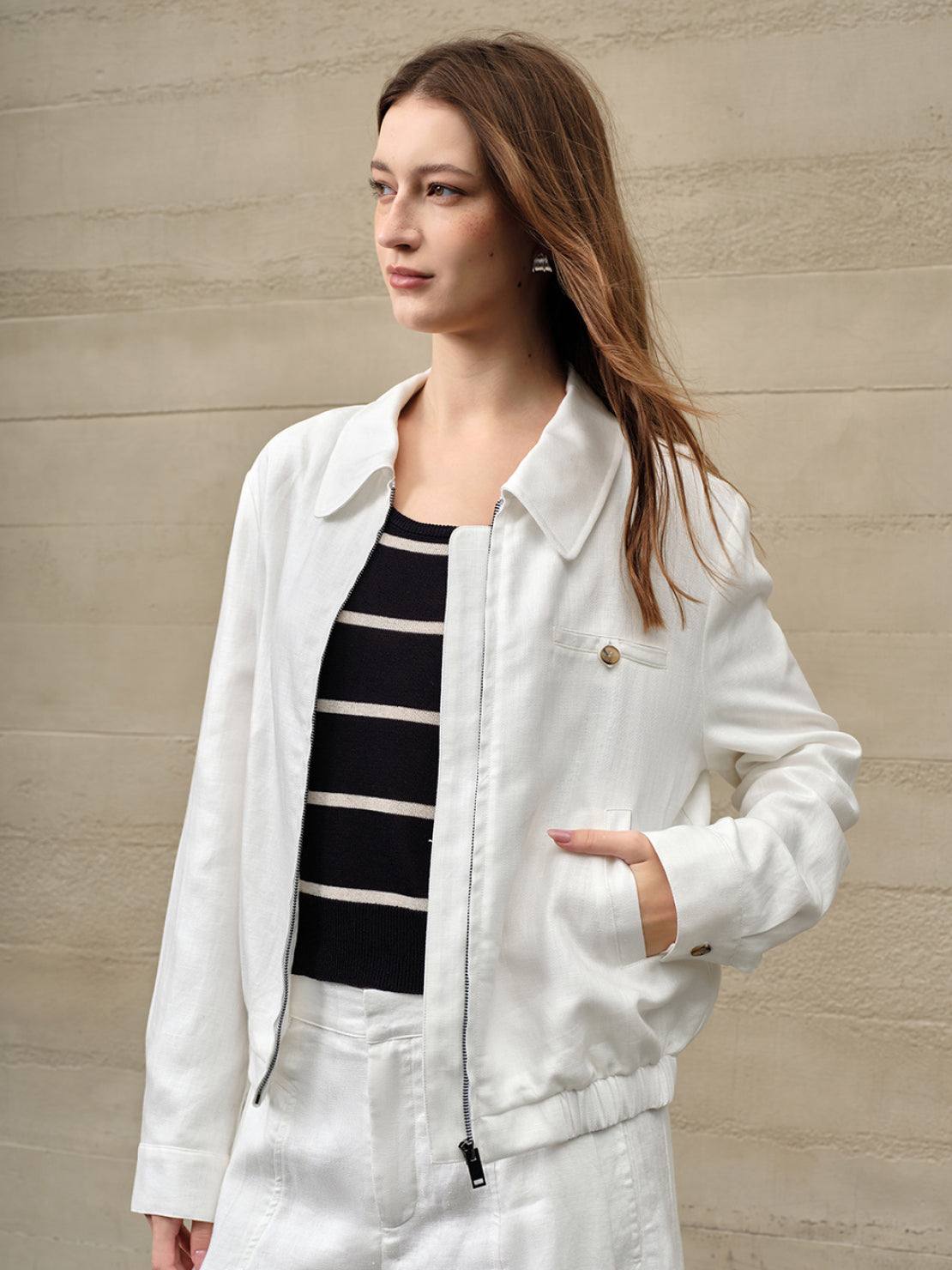 Linen-Lyocell Zip Bomber Jacket with cropped boxy fit and ribbed waistband in natural linen slub fabric