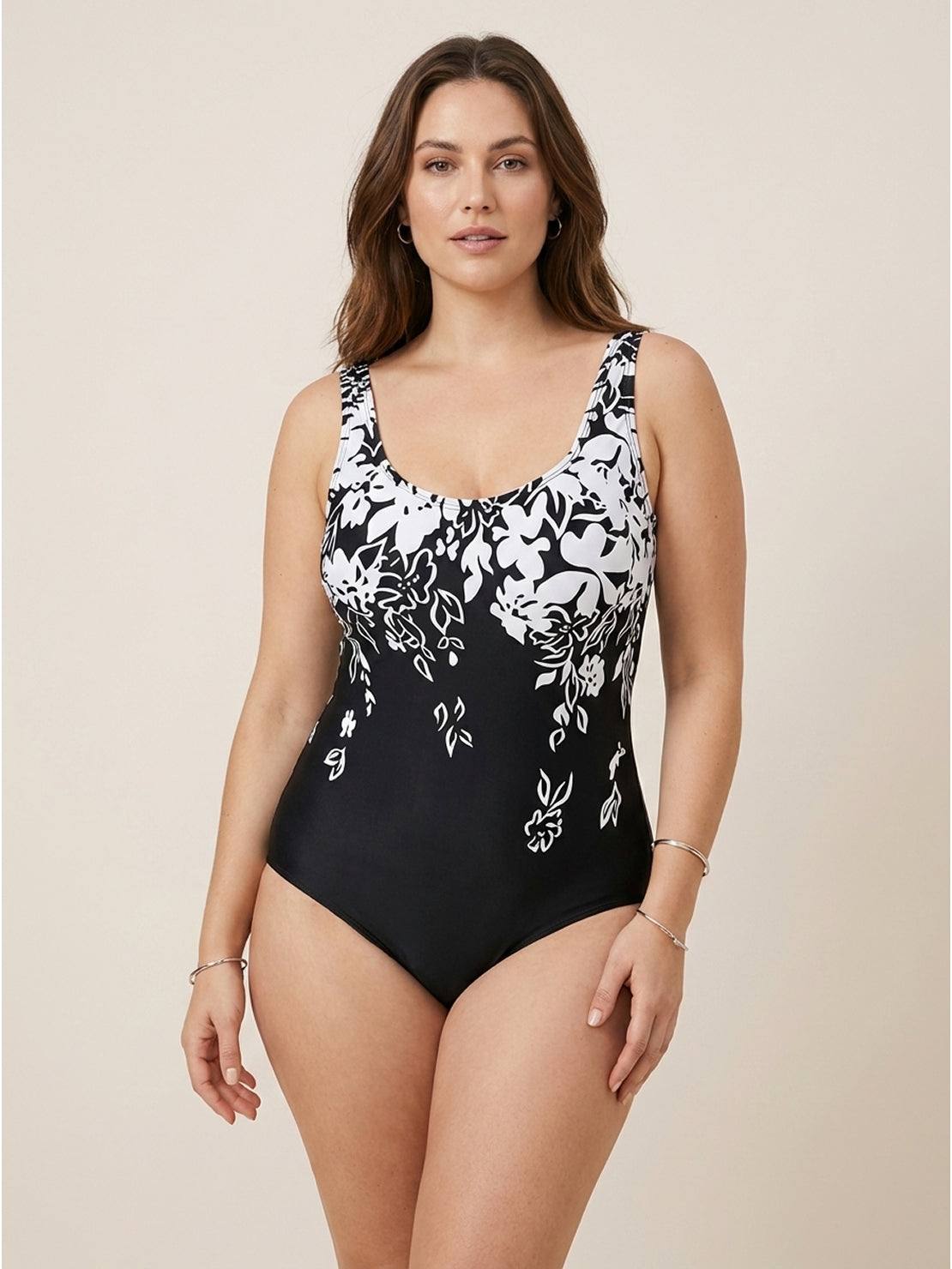 black Curve-Fit open-back swimsuit with scoop front and adjustable straps