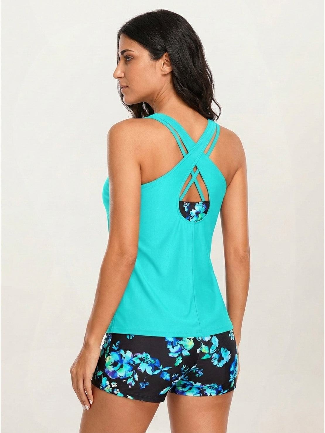 Criss-cross back tankini set with sports bra and boy shorts beachwear