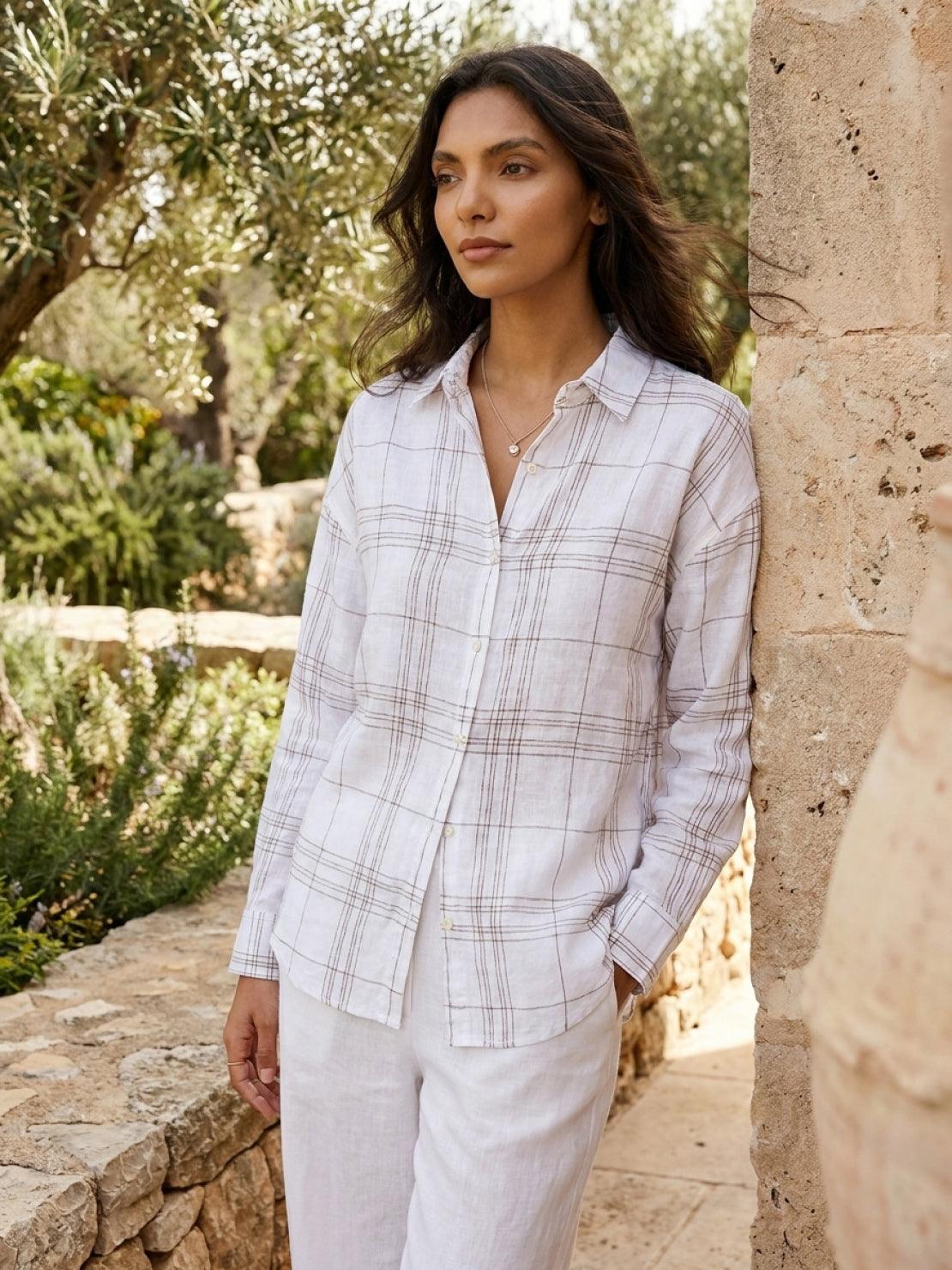 Lightweight 100% cotton sheer plaid shirt with relaxed drop-shoulder fit and mother-of-pearl buttons