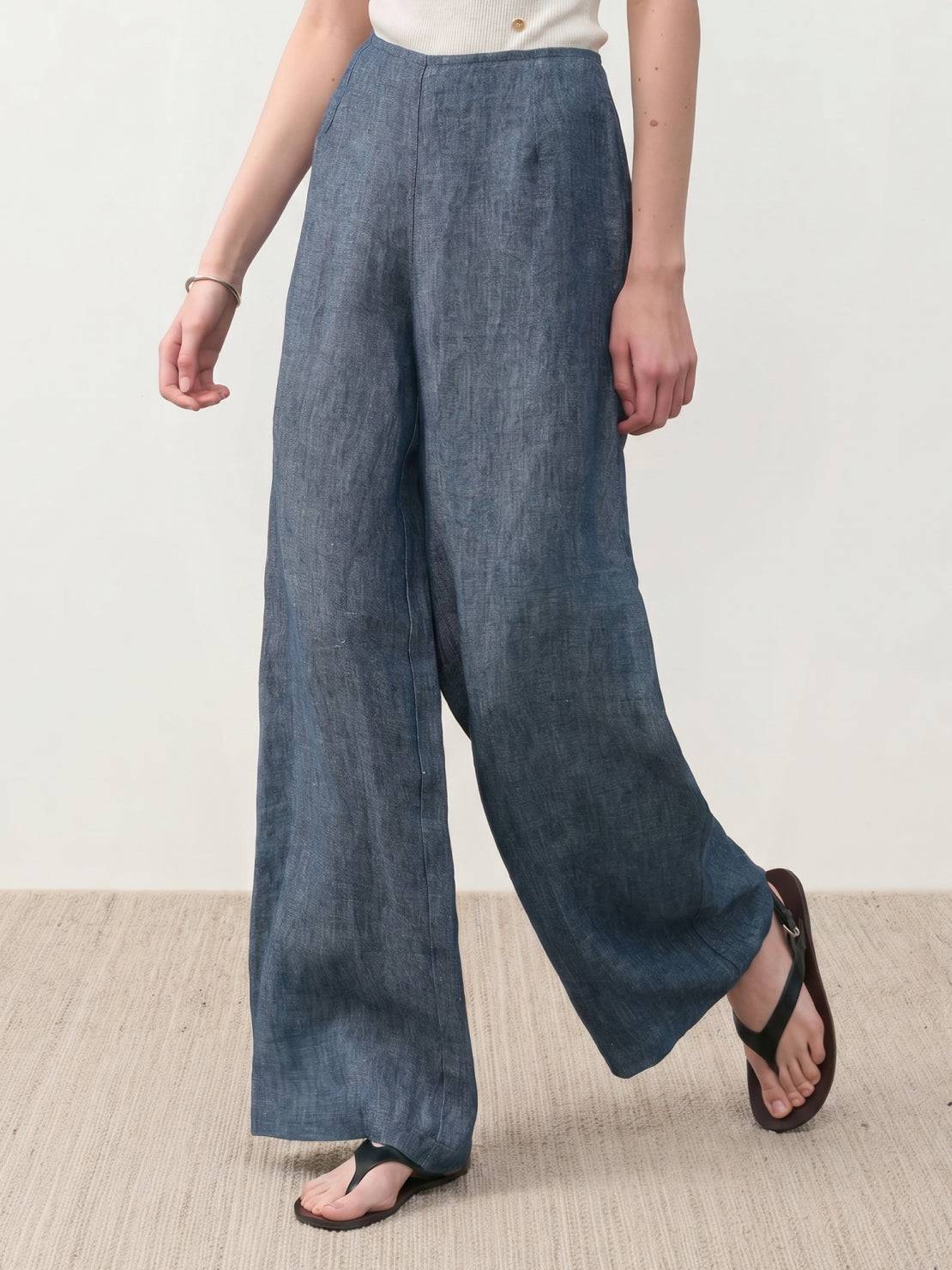 Wide palazzo pure linen yarn-dyed long pants with high-rise waist and natural slub texture