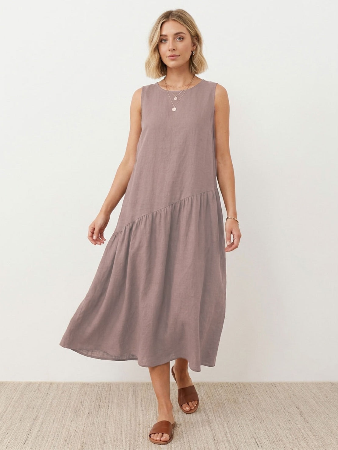 Lightweight cotton-linen summer midi dress with tiered skirt and round neckline in relaxed fit