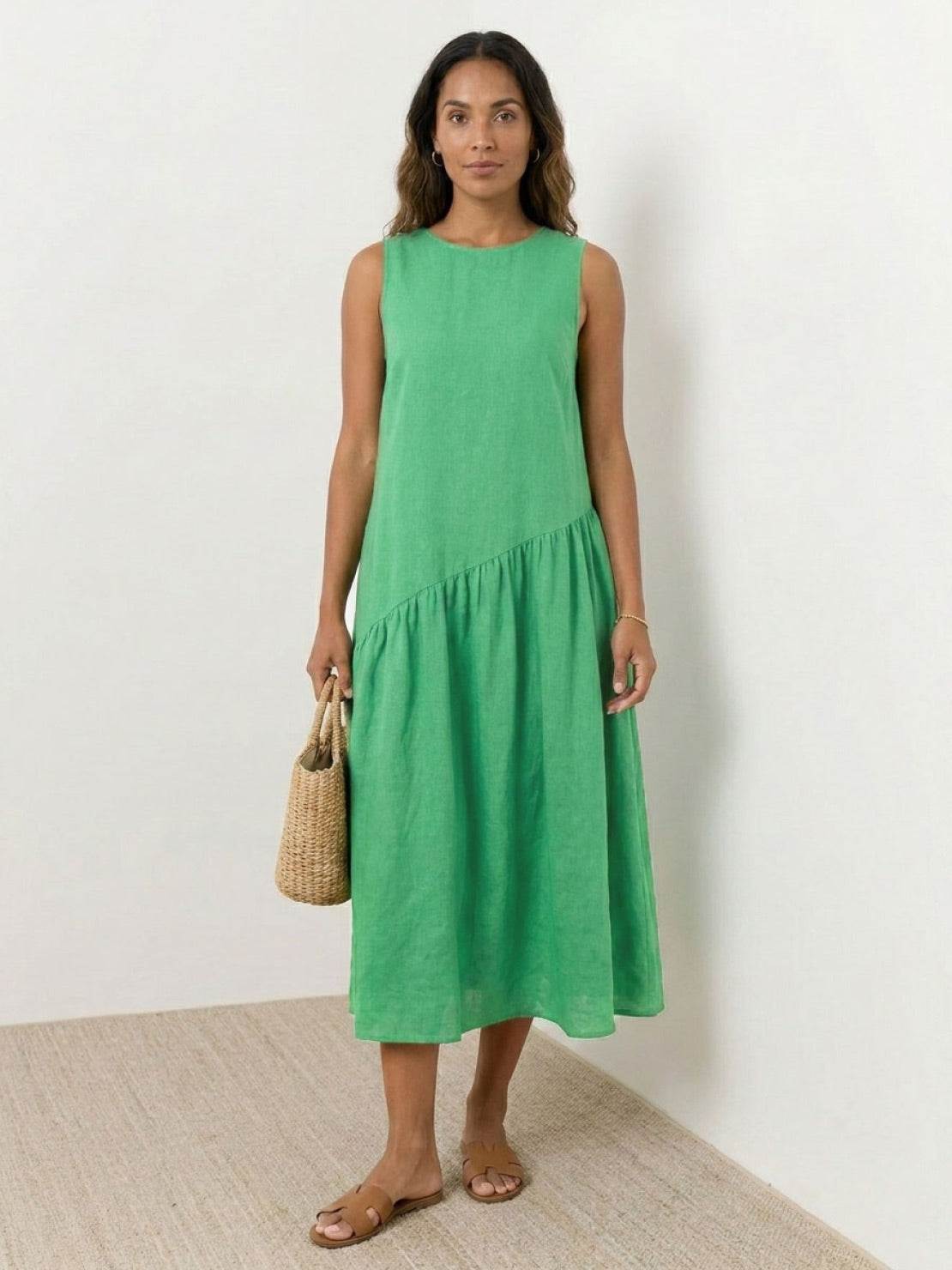 Lightweight 100% cotton-linen summer midi dress with loose fit and tiered skirt in natural fabric