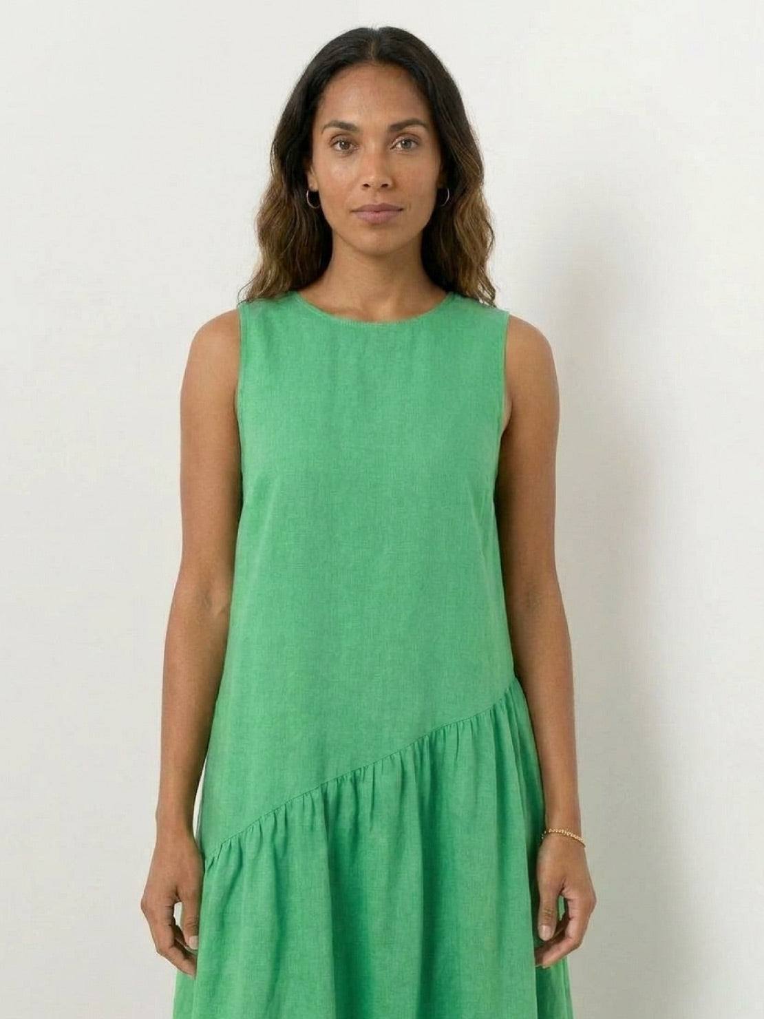 Lightweight cotton-linen summer midi dress with tiered skirt and round neckline in relaxed fit