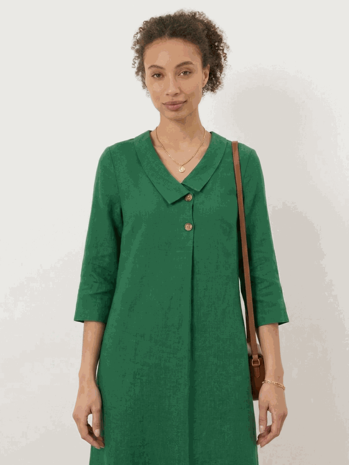 Navy linen-look midi dress with relaxed fit, blazer neckline, button detail, 3/4 sleeves, and side pockets