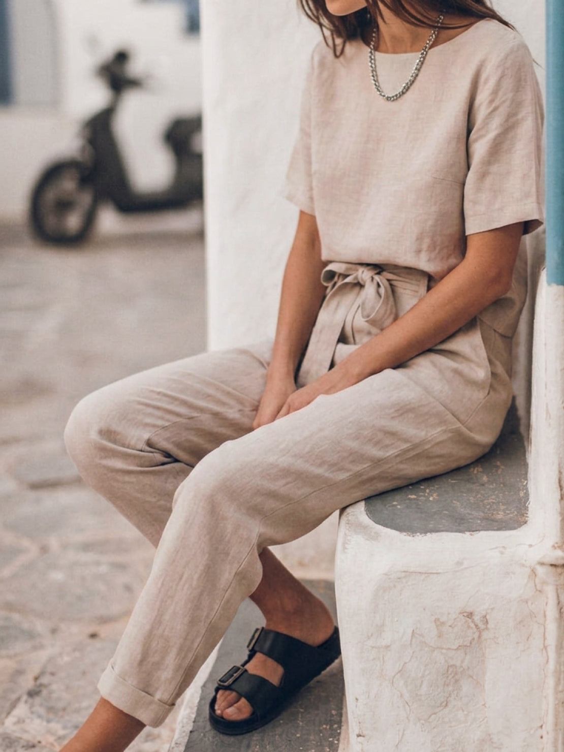 Cotton-linen set with relaxed short-sleeve top and straight-leg pants in soft breathable fabric