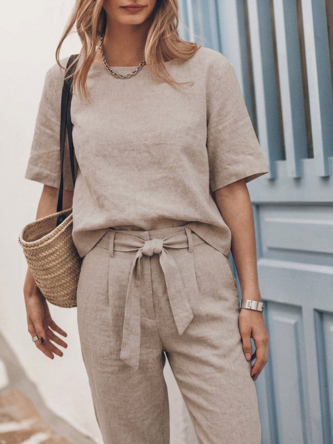 Cotton-linen two-piece set with relaxed short-sleeve top and straight-leg pants in soft breathable fabric