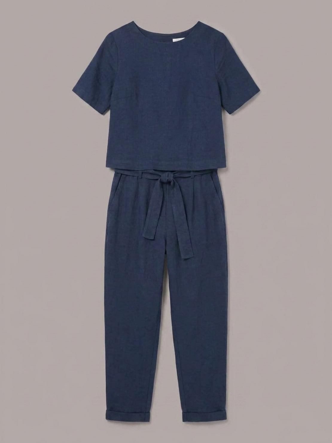 Cotton-linen set three-piece capsule with relaxed short-sleeve top and straight-leg pants in monochrome palette