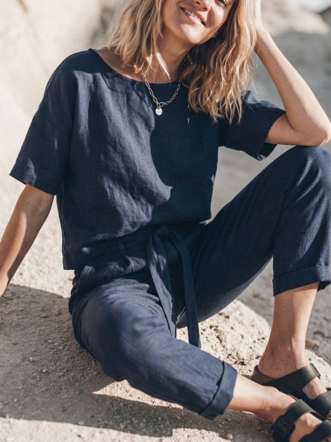 Three-piece cotton-linen set with relaxed short-sleeve top and straight-leg pants in soft breathable fabric