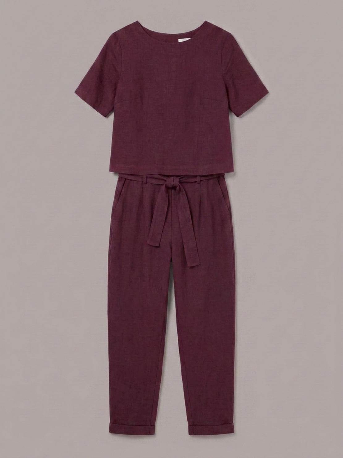 Cotton-linen three-piece monochrome set with relaxed short-sleeve top and straight-leg pants.