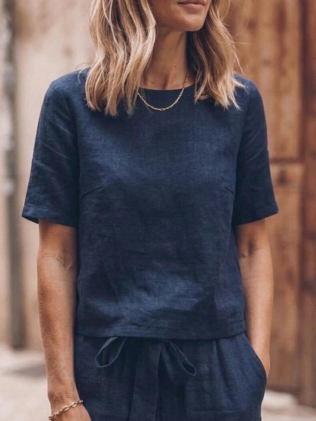 cotton-linen set breathable relaxed two-piece outfit in soft textured fabric with short-sleeve top and straight-leg pants