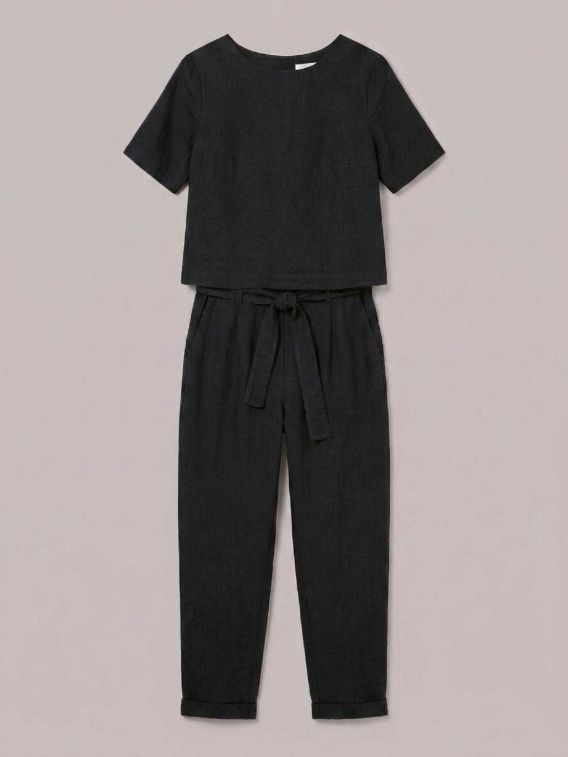 Soft breathable cotton-linen set with relaxed short-sleeve top and straight-leg pants in monochrome tones