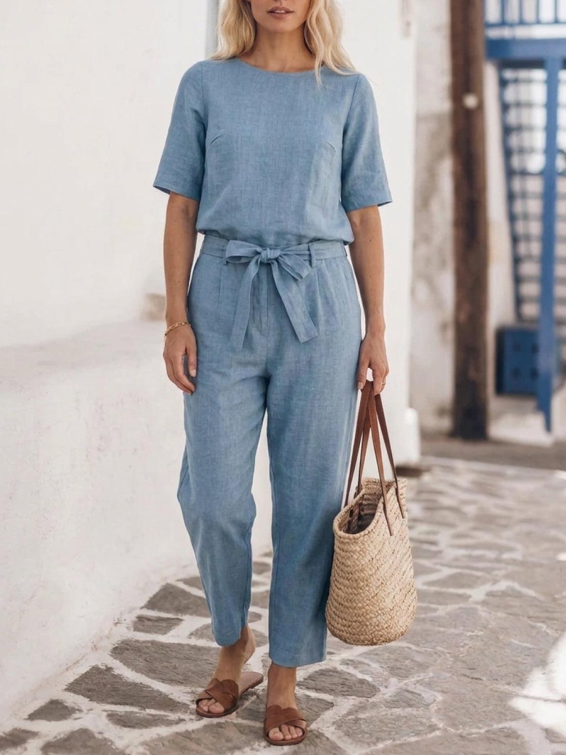 cotton-linen set relaxed short-sleeve top and straight-leg pants in breathable monochrome fabric