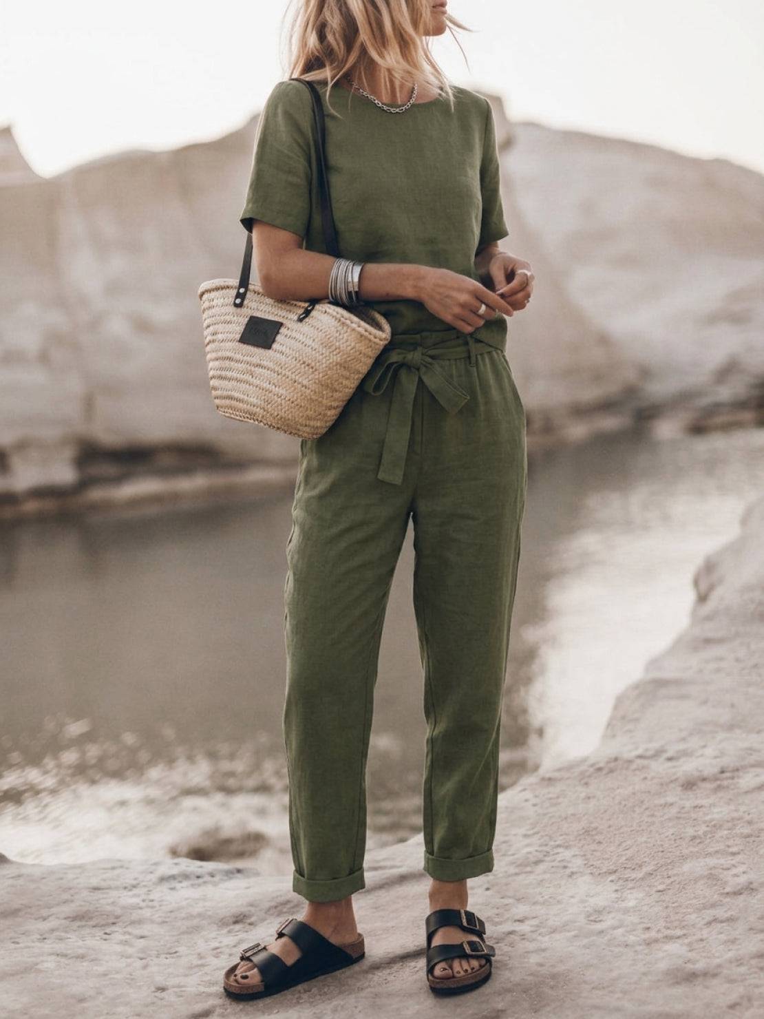Cotton-linen set three-piece capsule outfit with relaxed short-sleeve top and straight-leg pants in breathable natural fabric