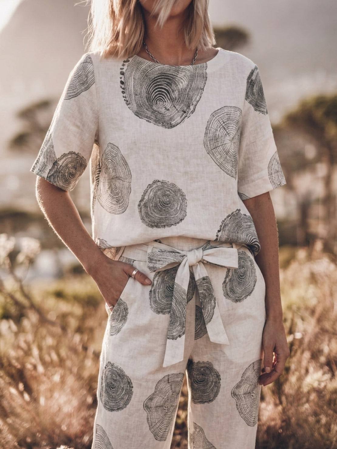 cotton-linen set relaxed short-sleeve top and straight-leg pants in breathable monochrome fabric
