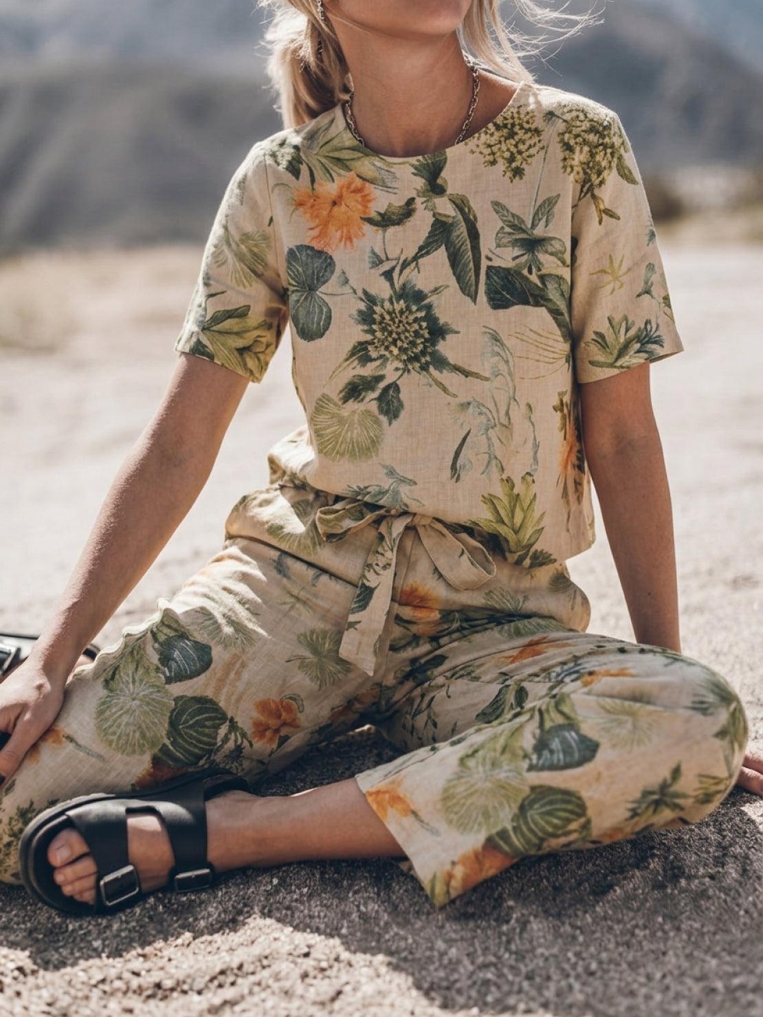 woman wearing relaxed cotton-linen set with short-sleeve top and straight-leg pants in monochrome tone