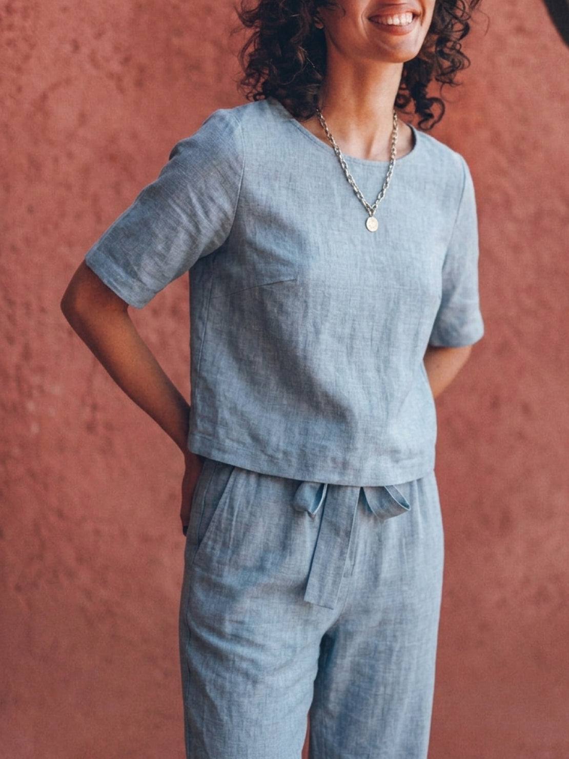 three-piece cotton-linen set with relaxed short-sleeve top and straight-leg pants in soft breathable fabric