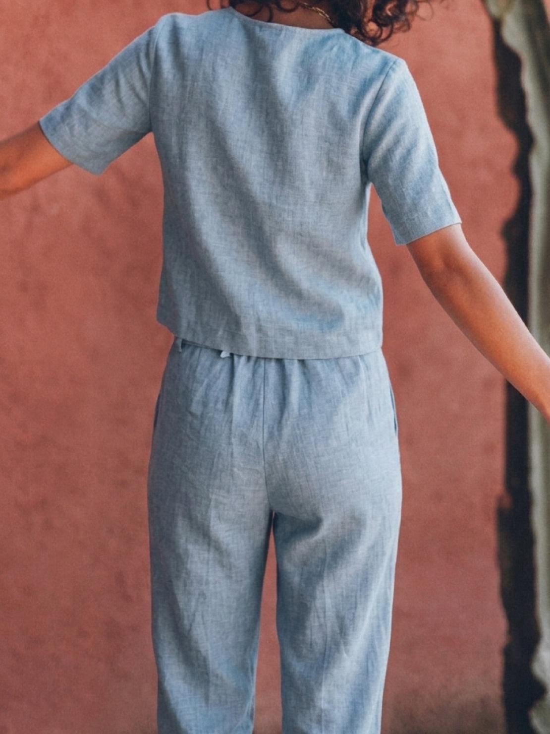 relaxed cotton-linen set in monochrome with short-sleeve top and straight-leg pants on model