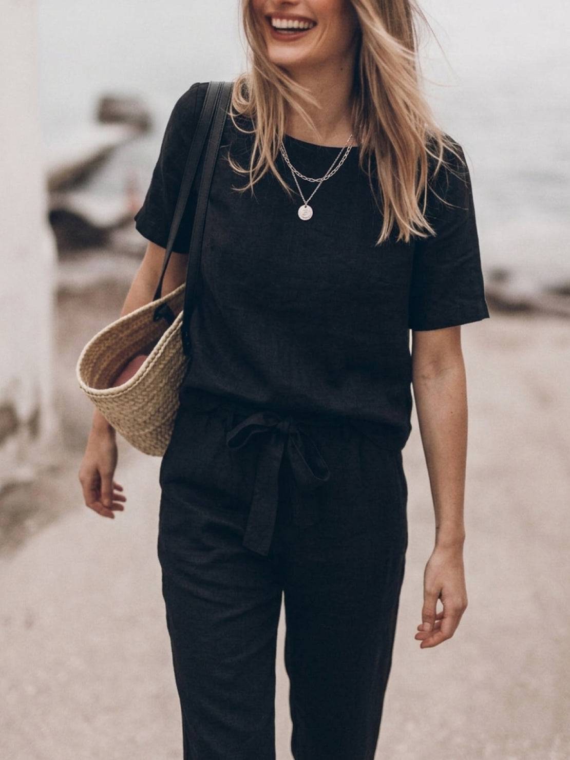 three-piece cotton-linen set with relaxed short-sleeve top and straight-leg pants in monochrome beige