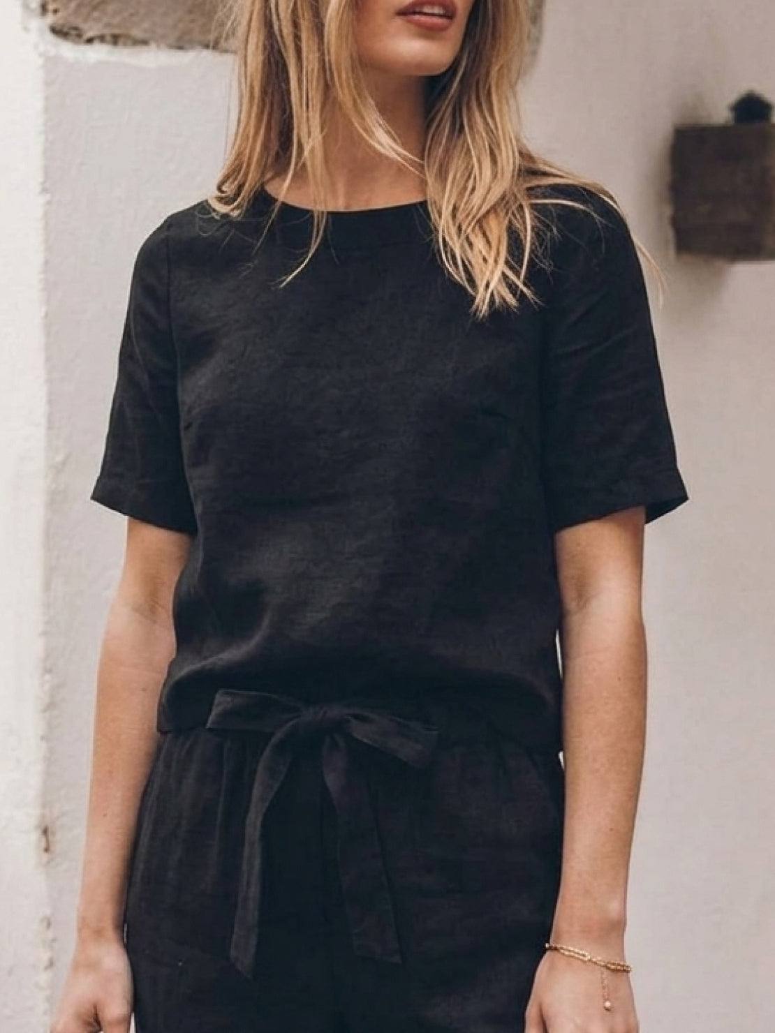 Cotton-linen set three-piece capsule outfit in monochrome breathable fabric