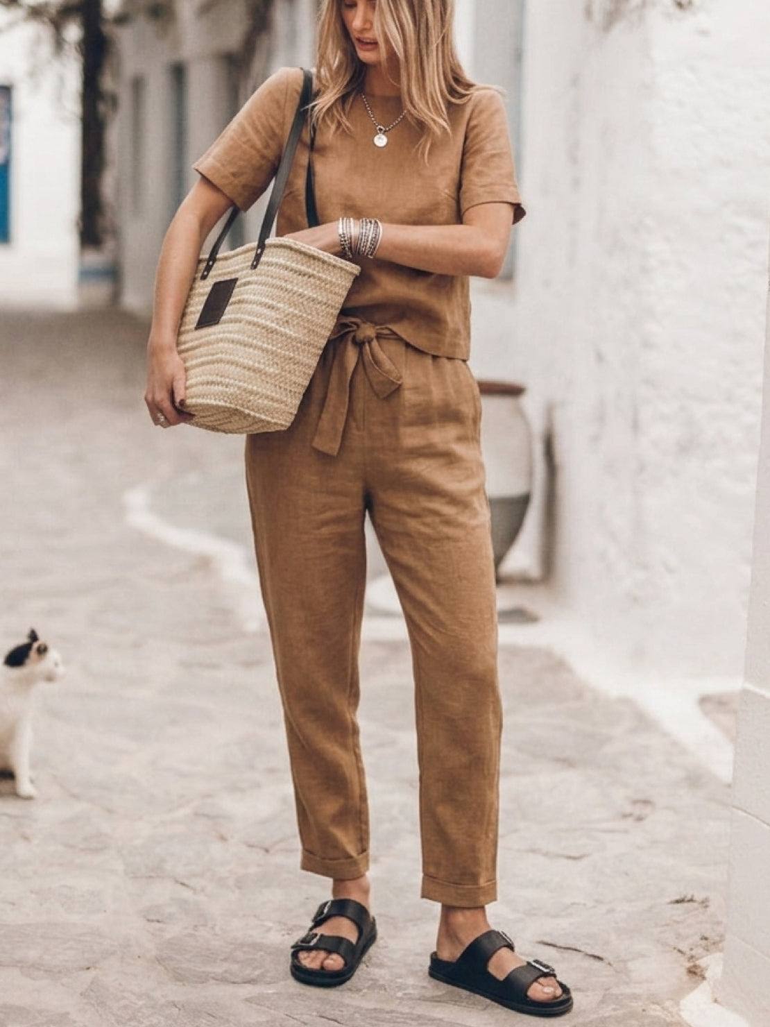 Cotton-linen set with relaxed short-sleeve top and straight-leg pants in monochrome tones