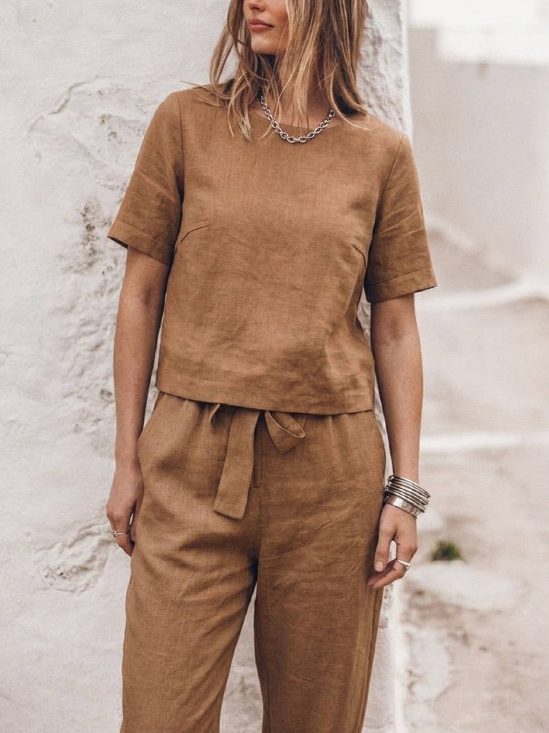 Cotton-linen set with relaxed short-sleeve top and straight-leg pants in soft breathable fabric