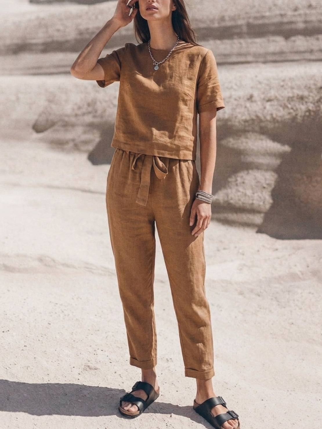 Three-piece cotton-linen set with relaxed top and straight-leg pants in a breathable monochrome fabric