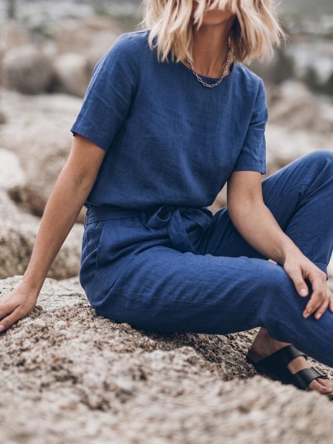 Cotton-linen set with relaxed short-sleeve top and straight-leg pants in monochrome textured fabric