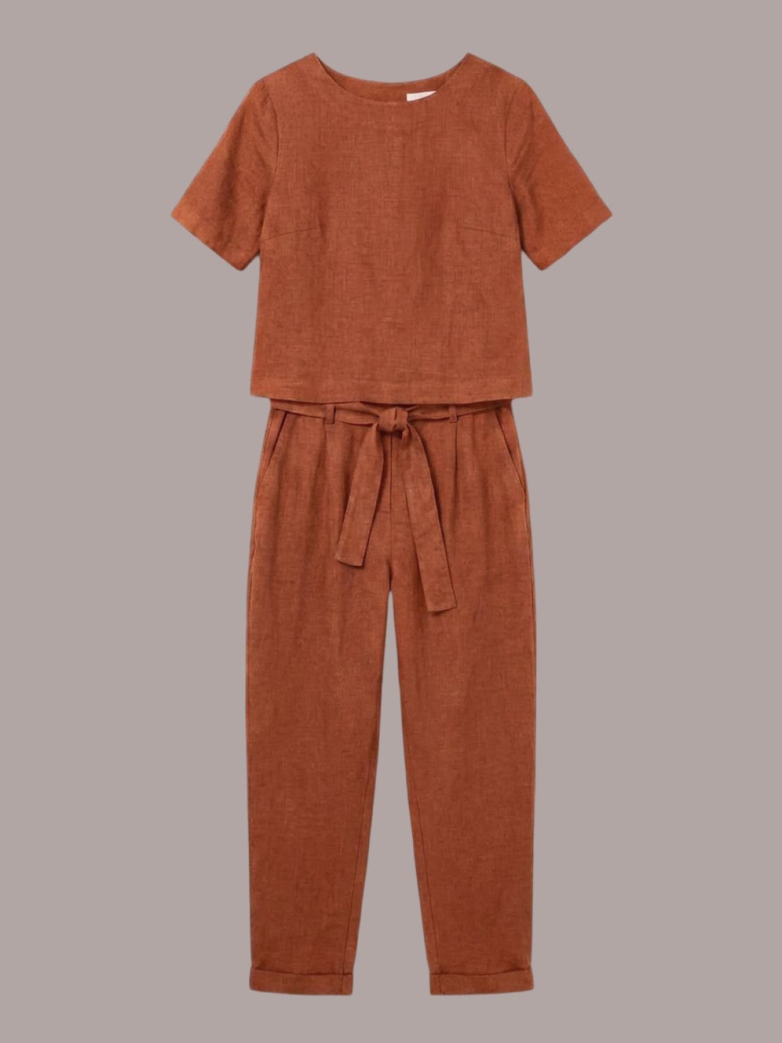 soft breathable cotton-linen set with relaxed top and straight-leg pants in monochrome tones