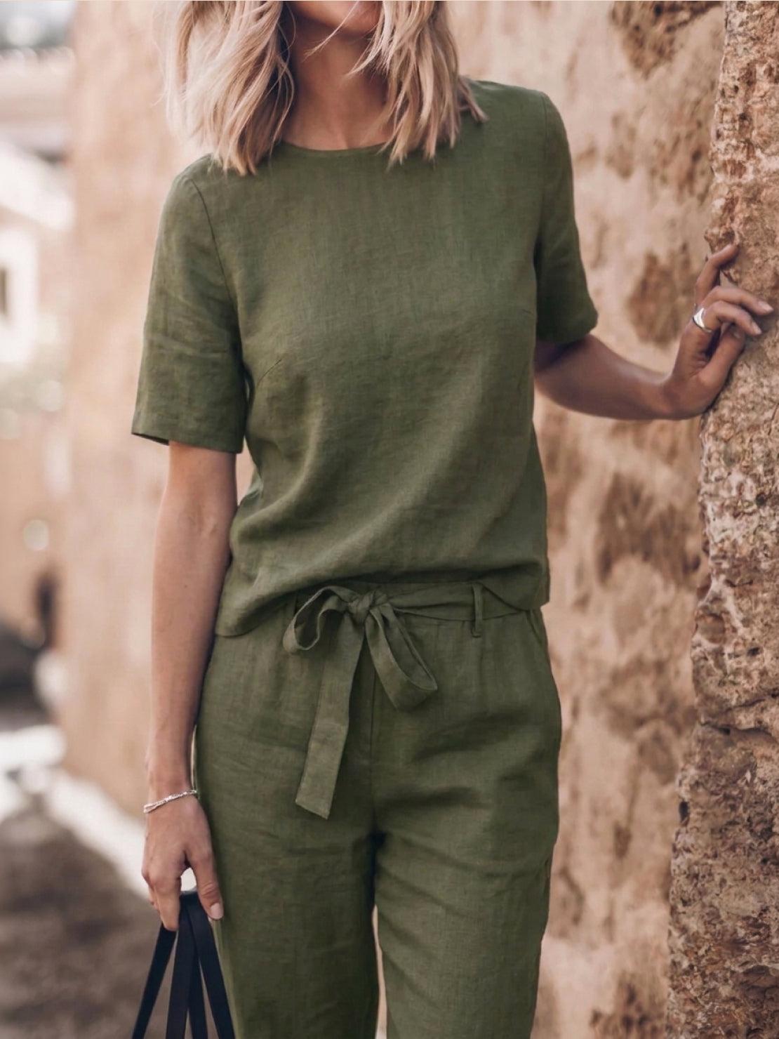 Cotton-linen set with relaxed short-sleeve top and straight-leg pants in soft breathable fabric