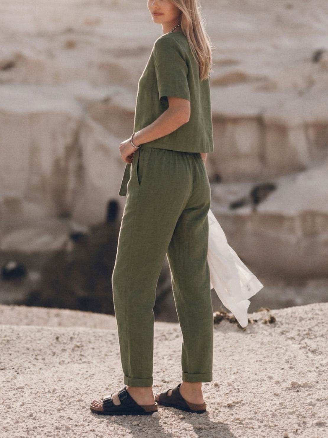 Three-piece cotton-linen set with relaxed short-sleeve top and straight-leg pants in a breathable monochrome blend