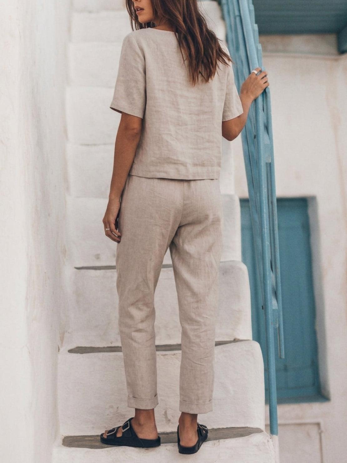 Cotton-linen set with relaxed short-sleeve top and straight-leg pants in a breathable monochrome cotton-linen blend
