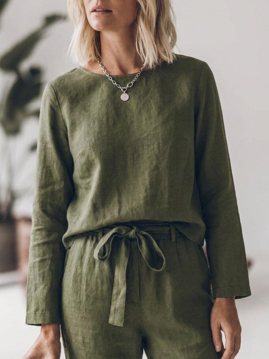 Model wearing cotton-linen monochrome relaxed longline top and wide-leg pants set