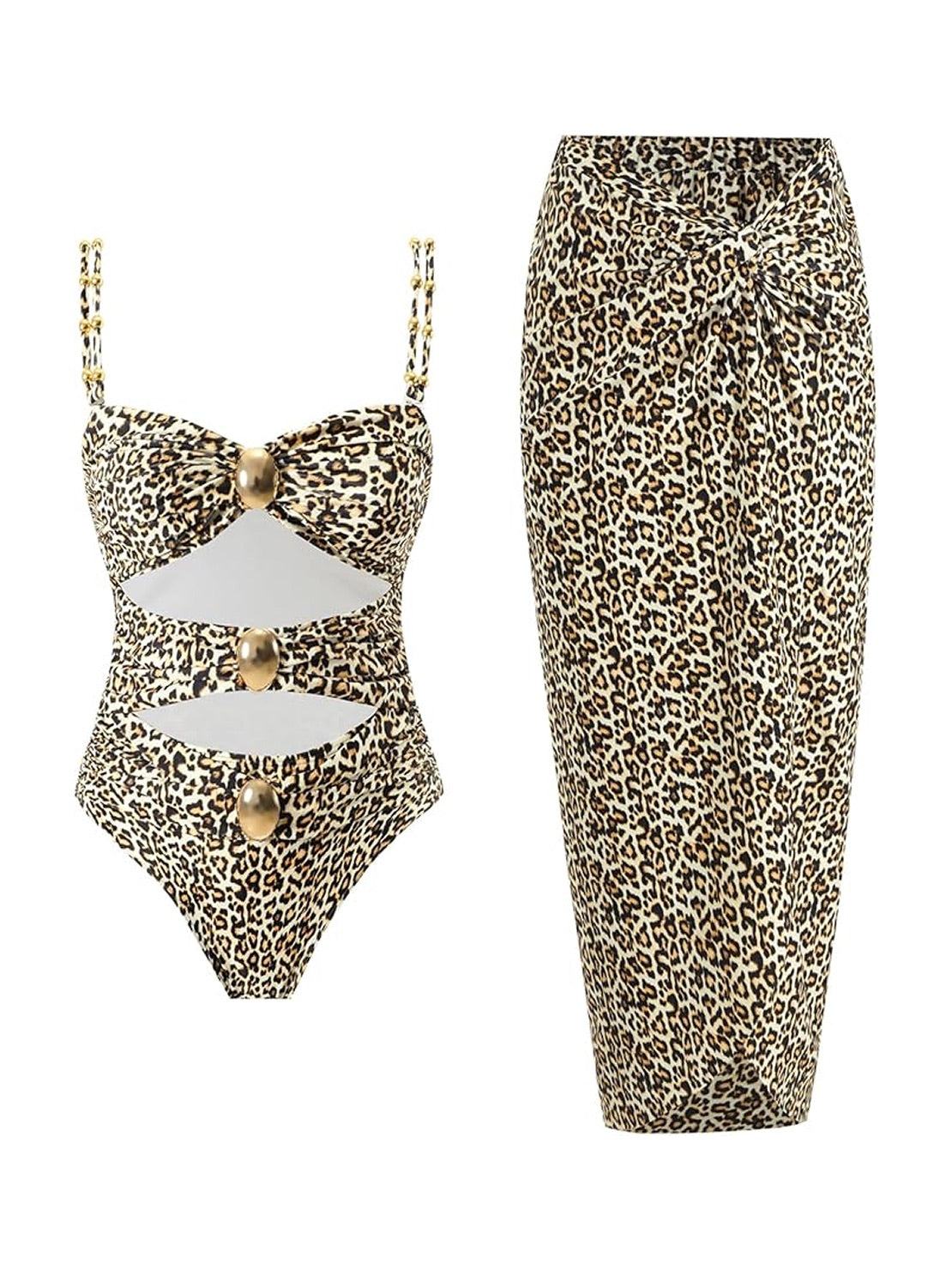 Gold-detail cutout one-piece swimsuit with ruched panels and matching midi wrap skirt on white background