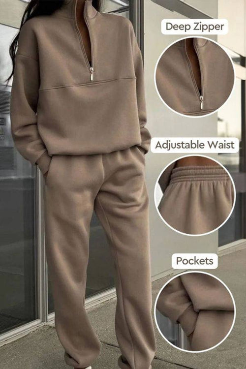 Classic Airplane Set brown two-piece tracksuit with deep zipper pullover, adjustable waist joggers, and pockets.
