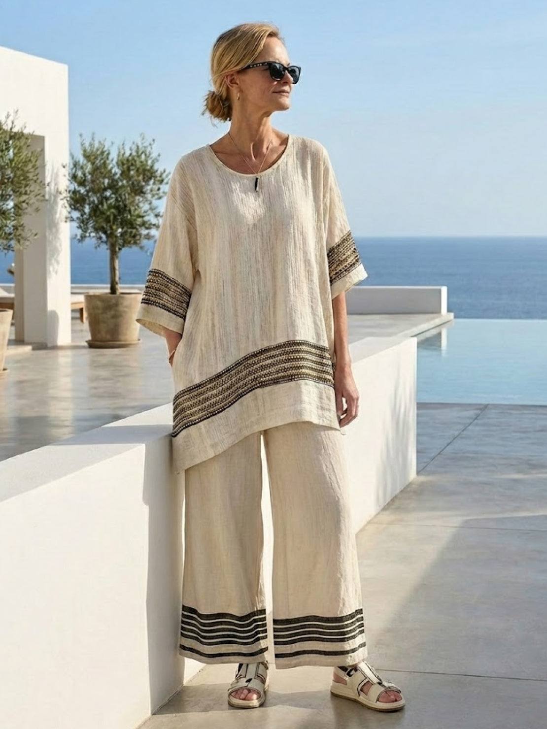 Coastal Comfort Linen two-piece set with lace details and breathable fabric