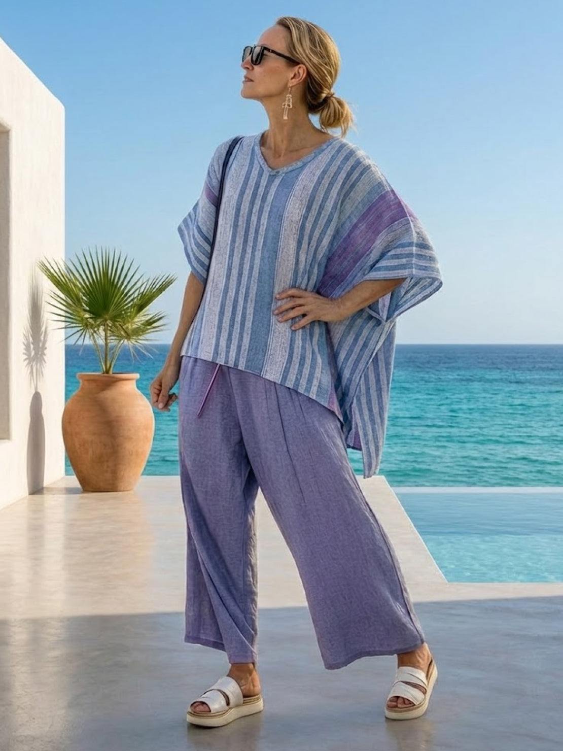 Coastal Comfort Linen two-piece set with lace details and breathable fabric on white background